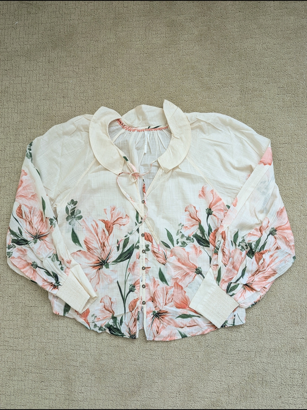 Anthropologie Floral Peasant Blouse L Balloon Sleeve Smocked Cuff Boho Feminine - Picture 4 of 10